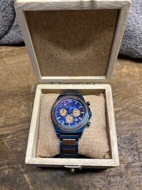 NEW AVANTWOOD Explorer watch w/Blue marble dial, steel/wood band 44MM
